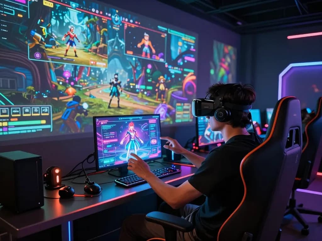 Mind control porn game scene with a gamer in VR headset manipulating holographic controls and animated characters in a vibrant digital landscape.