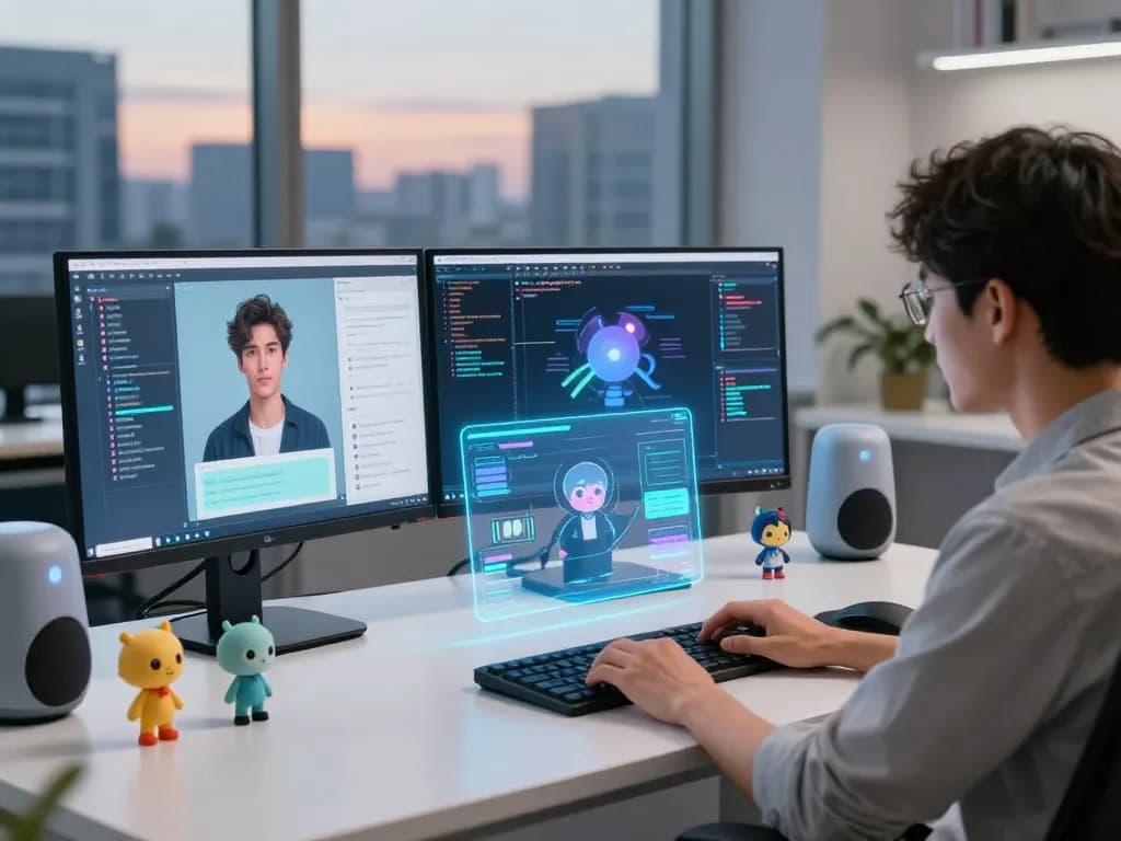 Innovative workspace showcasing crushonai character development with futuristic interfaces and vibrant decor.