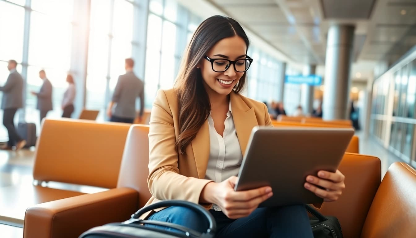 Traveler reviewing their eta application uk in a modern airport lounge with travel essentials.