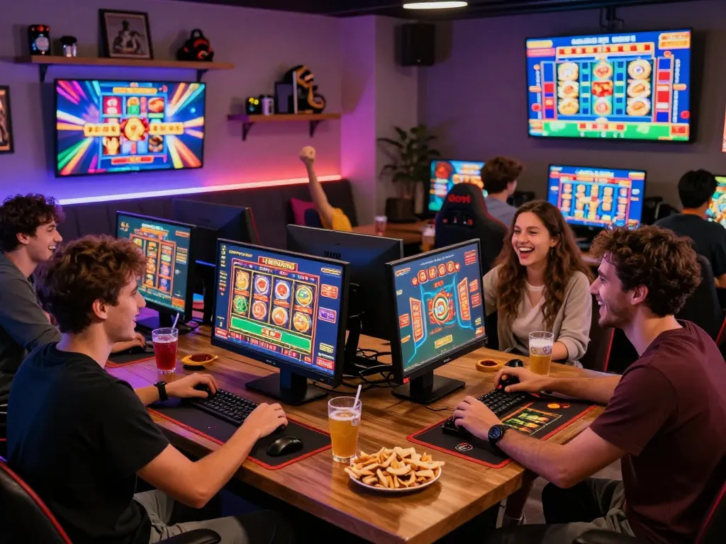 Exciting online gaming atmosphere at 68win with friends celebrating wins.