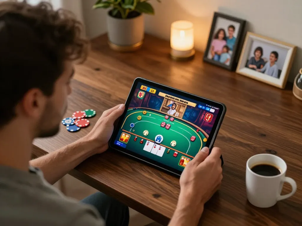 Player engaging in virtual poker on tablet at home, showcasing 88 aa gaming experience.