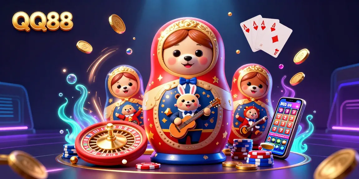 Experience exciting gameplay with QQ88's vibrant casino scene featuring 3D illustrations of bears and dazzling game elements.
