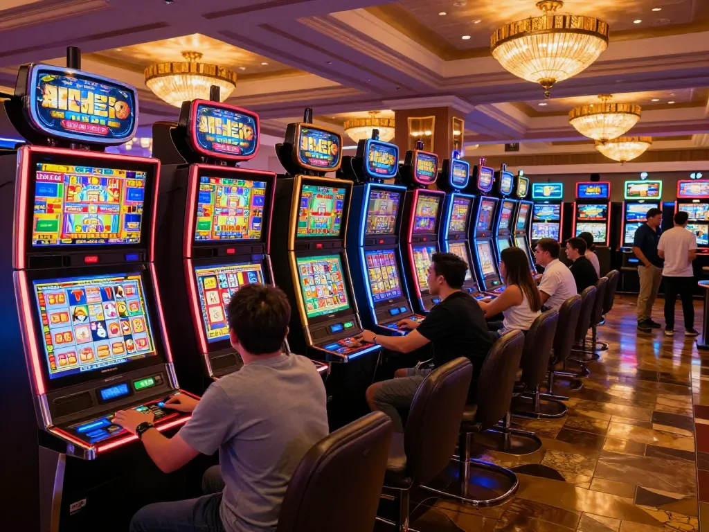 Players enjoying f168 slot machines in an upscale casino, showcasing excitement and vibrant atmosphere