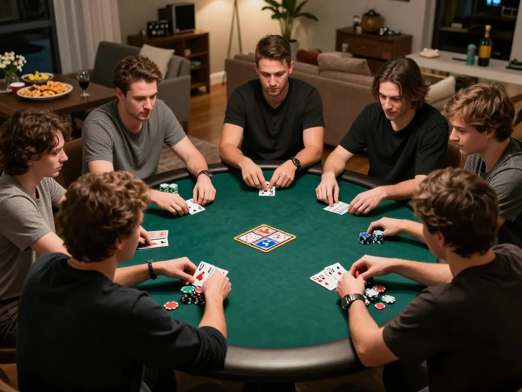 Players engaging in an intense poker match at home, showcasing F88BET gaming dynamics and social excitement.