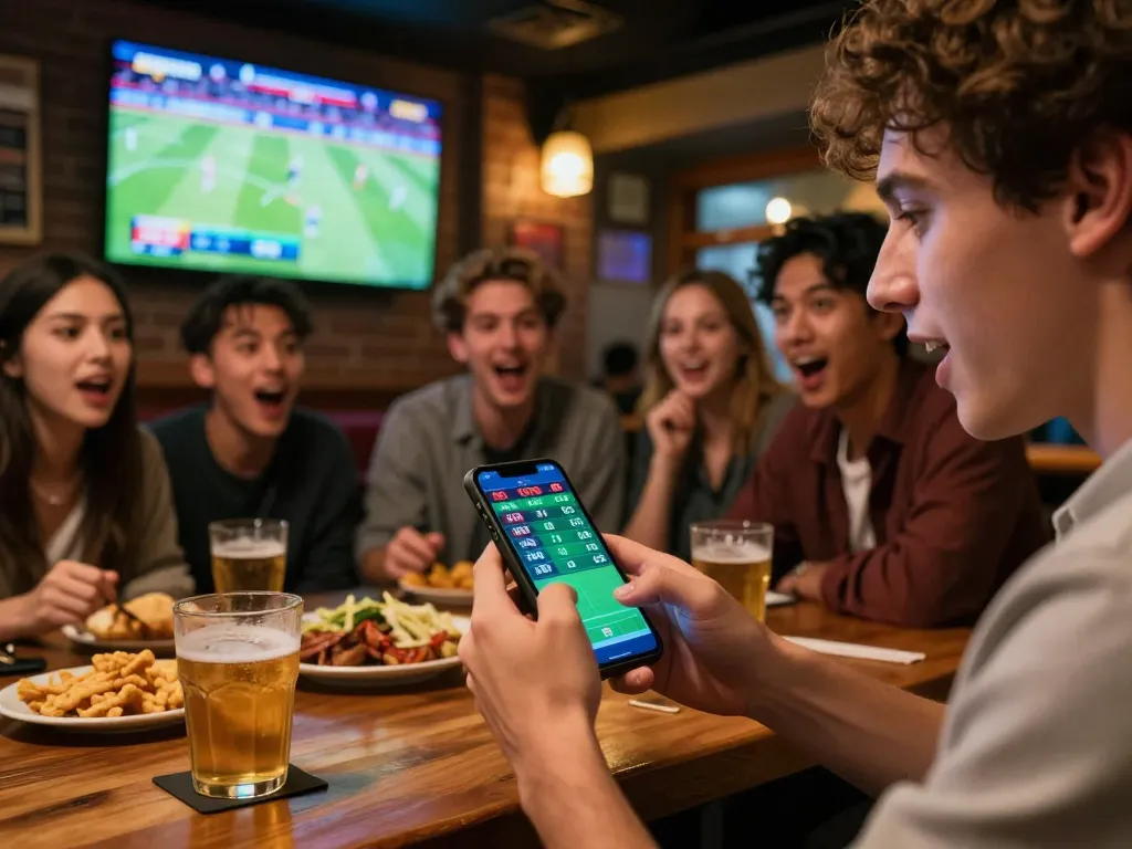 Person actively placing tỷ lệ kèo trực tuyến bets on a smartphone in a lively sports bar.