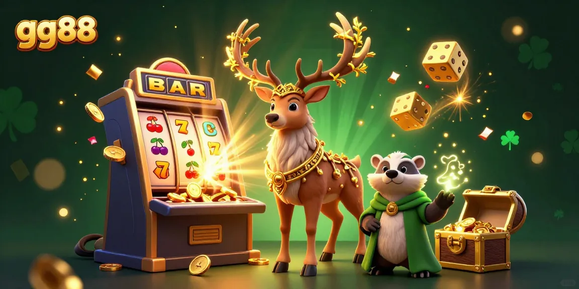 Experience the excitement of gg88 with a vibrant 3D illustration showcasing a Celtic stag, jackpot slots, and casino games.