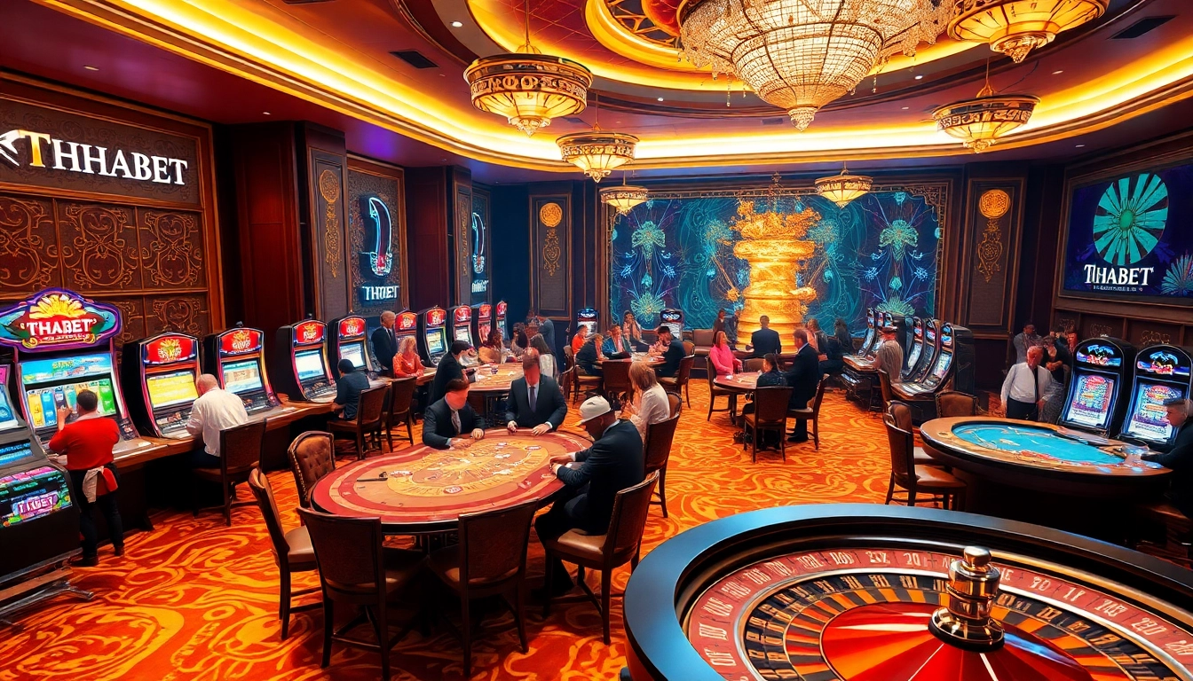 Action-packed THABET casino scene with players at tables and vibrant slot machines.