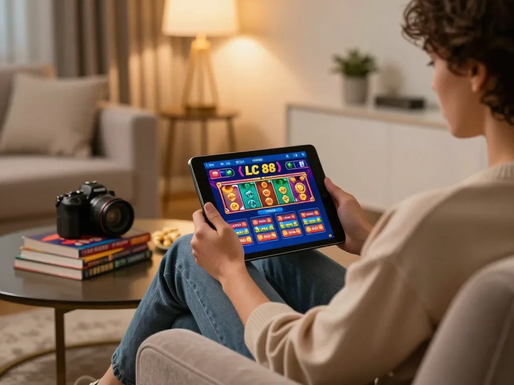 Player engaging with LC 88 casino on tablet in a cozy, stylish living room environment.