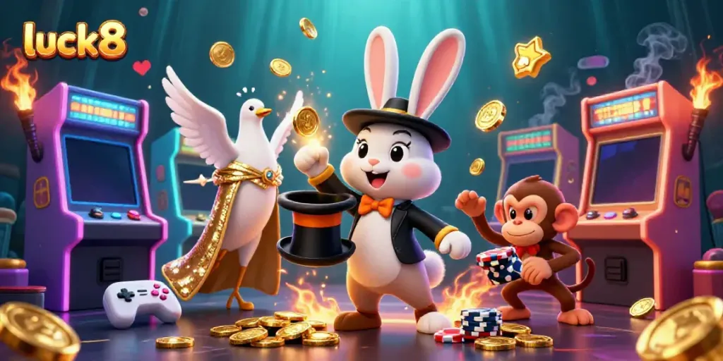 Experience exciting wins at luck8 with vibrant 3D characters, golden coins, and casino elements in a magical setting.