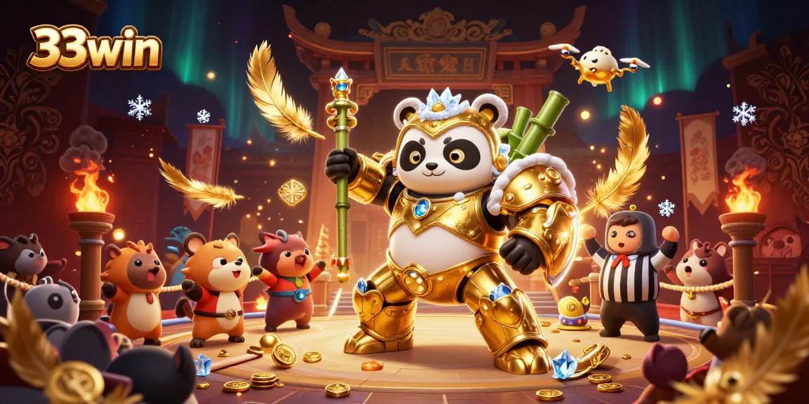 Experience the excitement of 33win with a golden panda mech-suit in a vibrant casino arena.