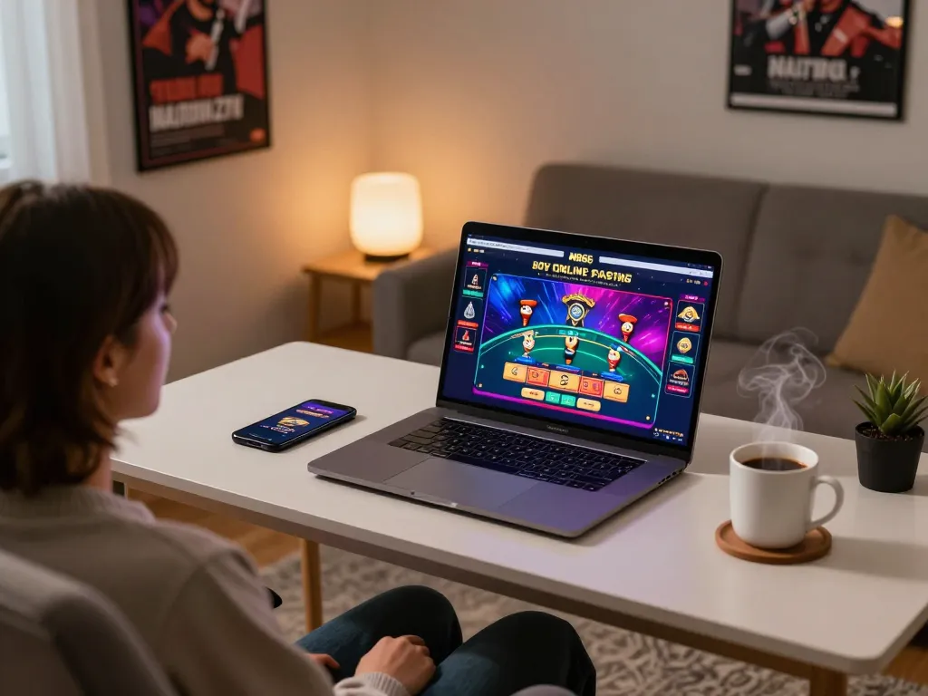 An individual playing an engaging game at the MB66 online casino from the comfort of home, showcasing responsible gambling in a stylish setup.