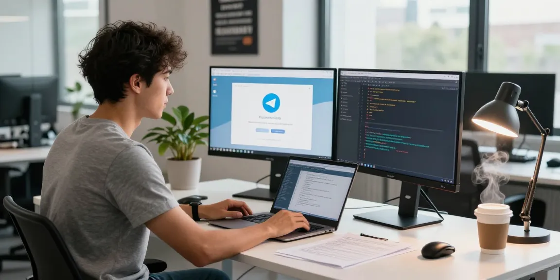 Using the Telegram web version in a modern workspace, featuring dual monitors and a focused professional.