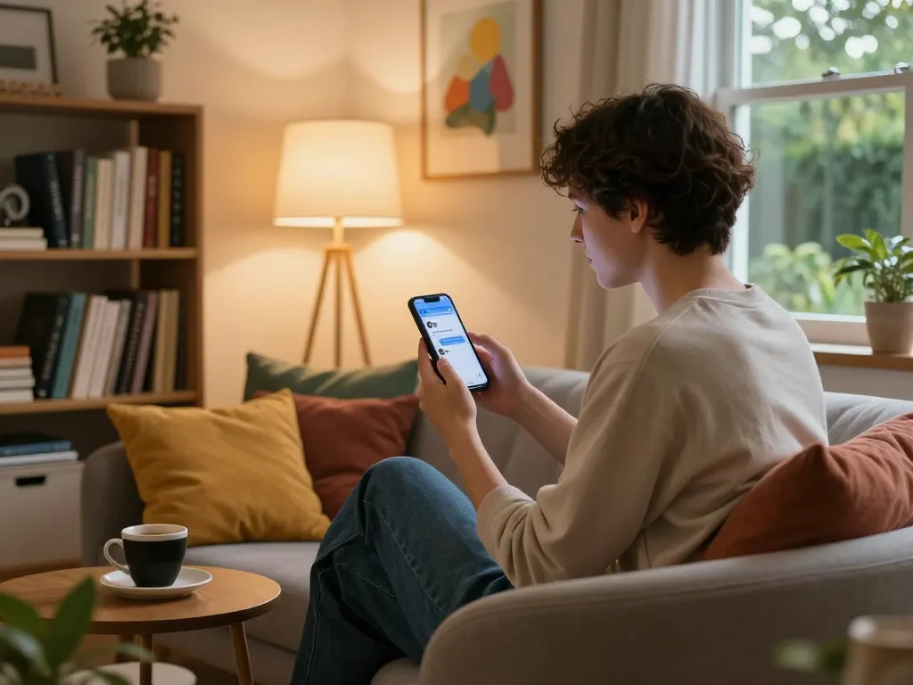 Engaging in a sex AI chat on a smartphone in a cozy home office.
