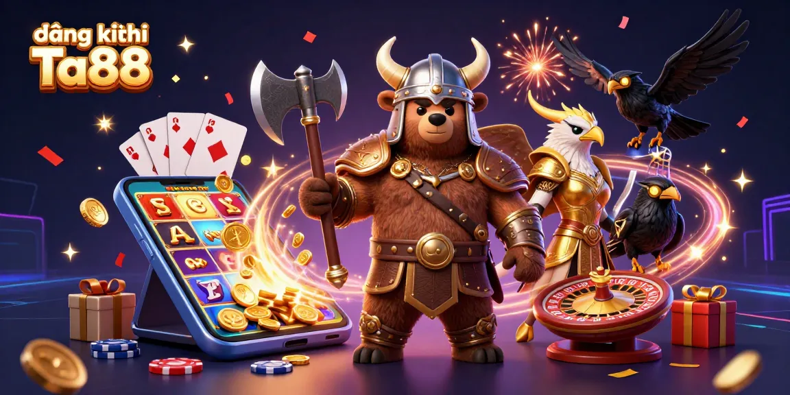 Experience đăng ký Ta88 with a vibrant 3D illustration of gaming excitement, featuring dynamic casino elements and characters.