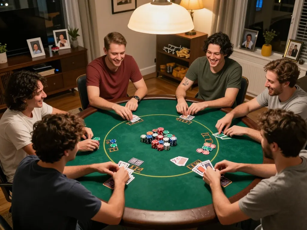 Friends enjoying a lively home poker night with nk88, chips, and cards on a round table.