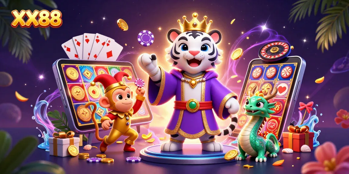 Experience the excitement of XX88 with a vibrant 3D casino scene featuring engaging characters and games.