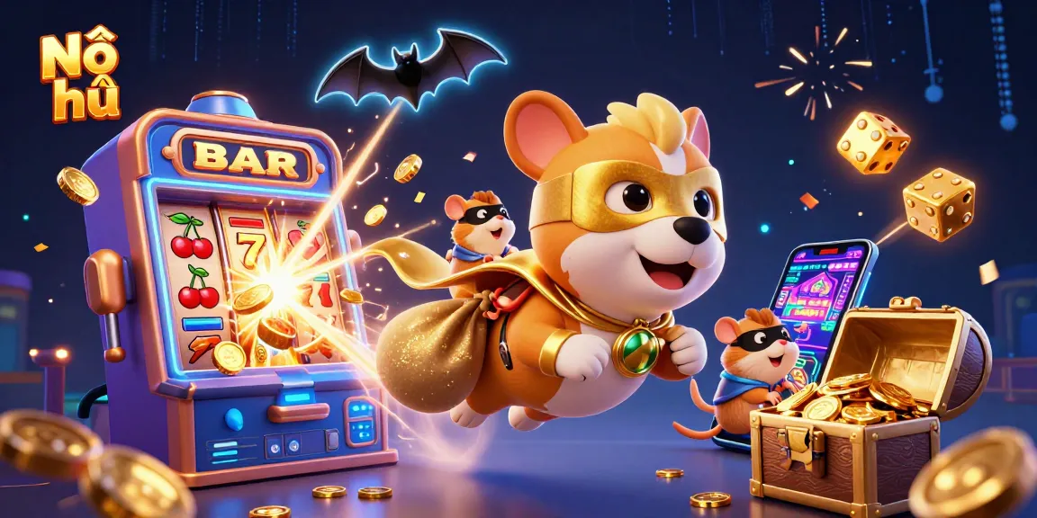 Spin to win on Nổ hũ with a vibrant casino adventure featuring a superhero dog and dynamic slot elements.