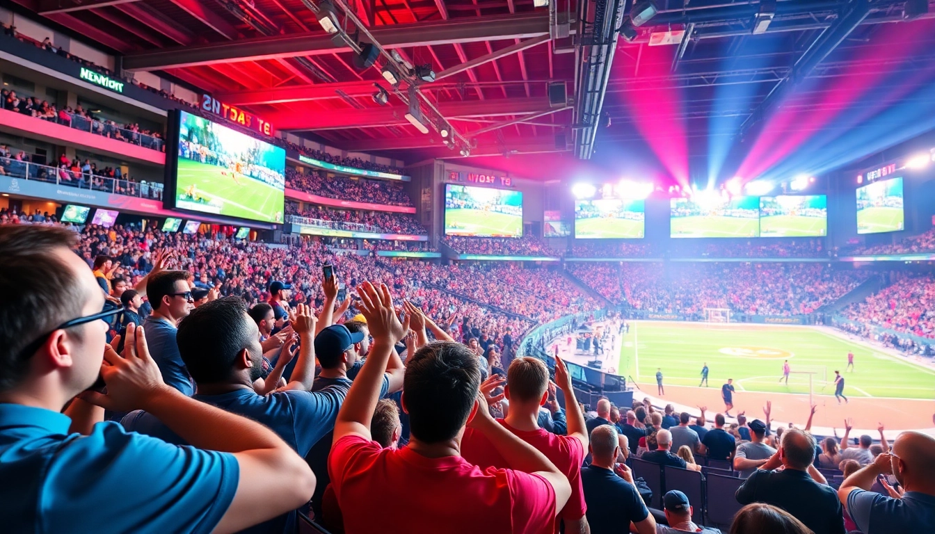 Exciting moment in sports broadcasting featuring fans, athletes, and a vibrant stadium backdrop.