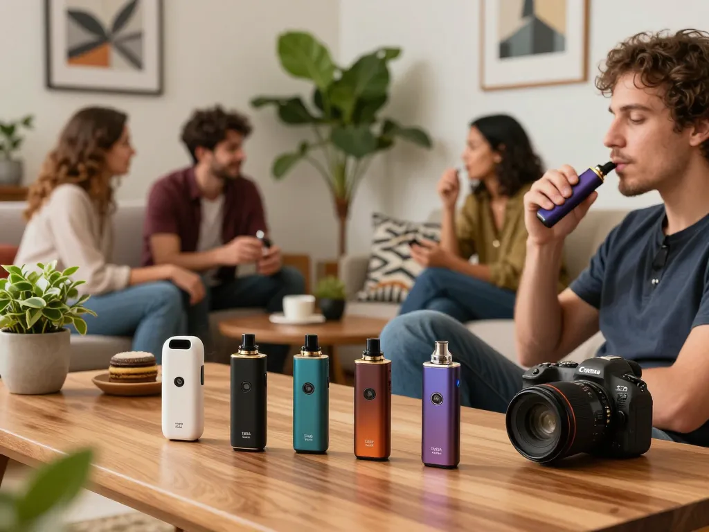 Esplora i migliori vaporizatori THC 2026 in un'accogliente lounge con amici, mostrando eleganti penne per vaporizzatori.
