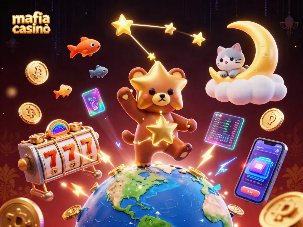 Engage with mafia casinò in a vibrant 3D casino illustration featuring slots, crypto coins, and playful characters.