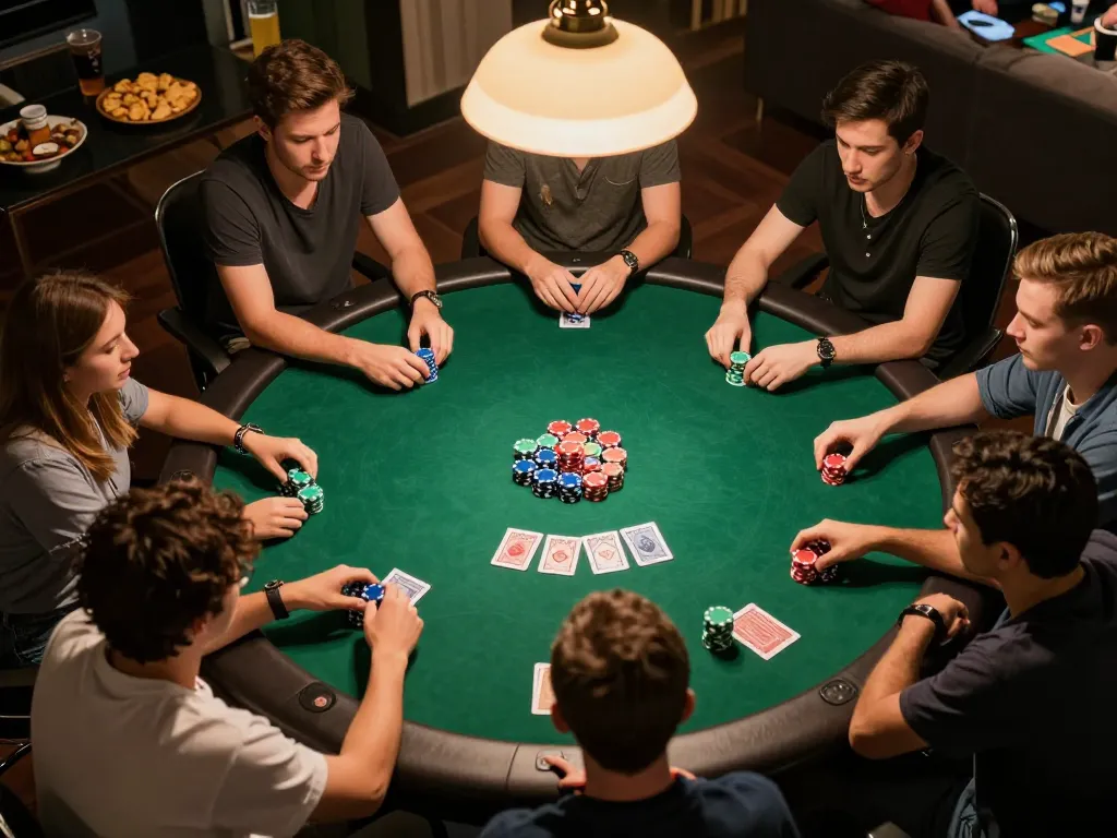 Players enjoying a strategic home poker night with 33win-themed stakes and snacks.