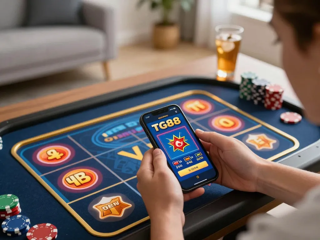 Experience casino excitement with TG88 app on smartphone surrounded by gaming graphics.