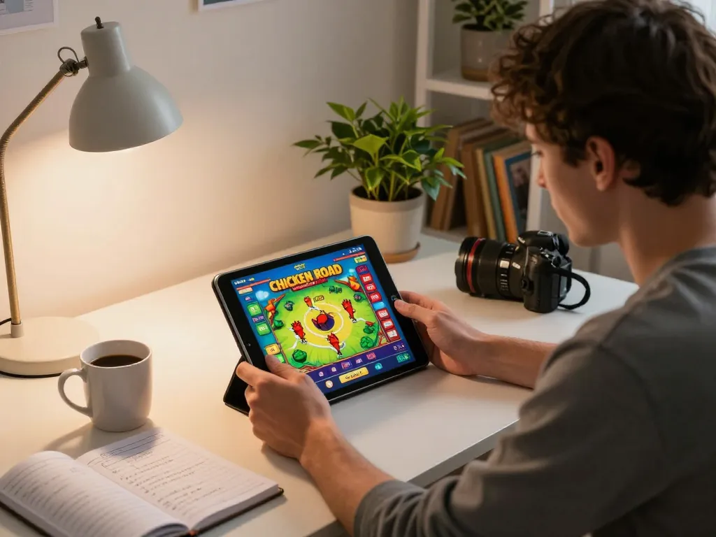 Giocatore coinvolto si diverte con il gioco Chicken Road recensioni su tablet, mostrando un ambiente di gioco responsabile.