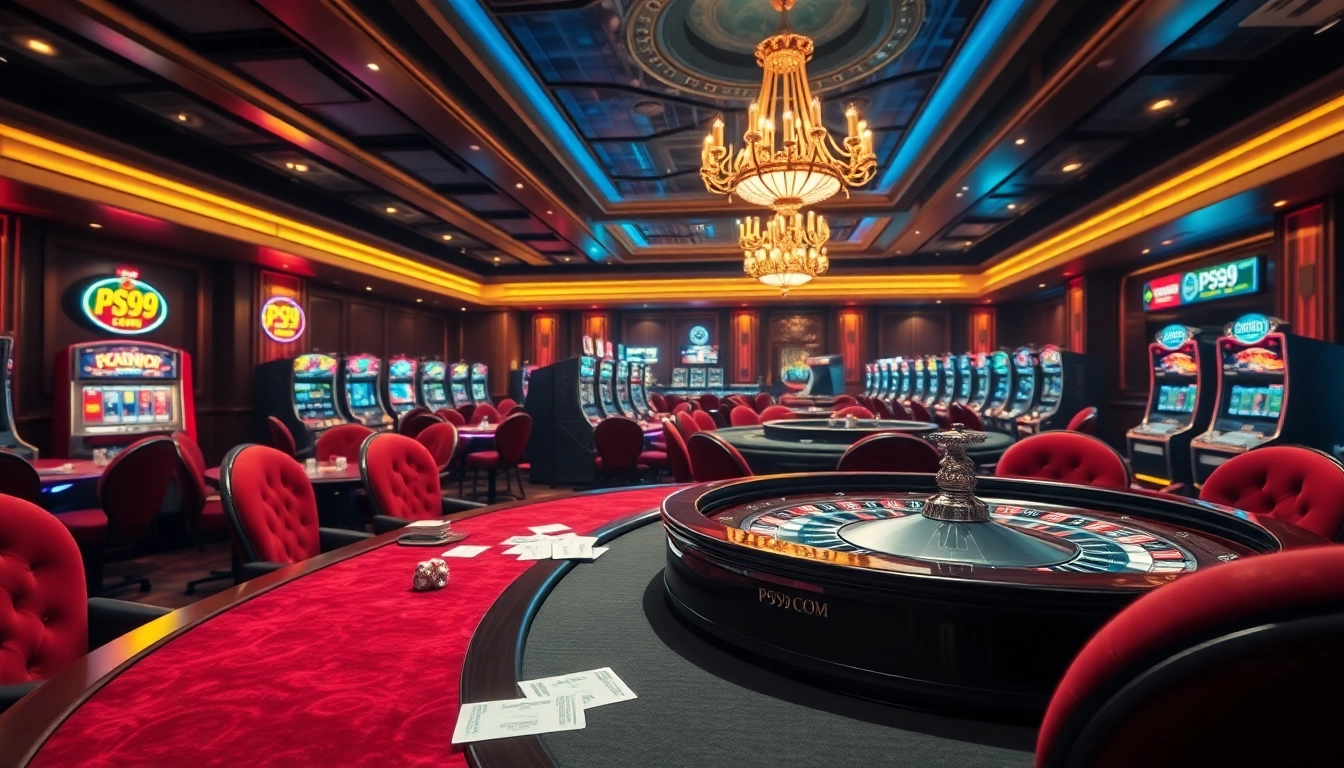 Dynamic scene in a luxurious PS99 COM casino with vibrant tables and slot machines.
