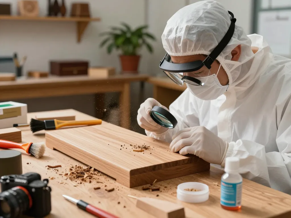 Eliminazione del coleottero del legno tramite ispezione esperta delle superfici in legno da parte di un entomologo con attrezzi in un luminoso laboratorio.