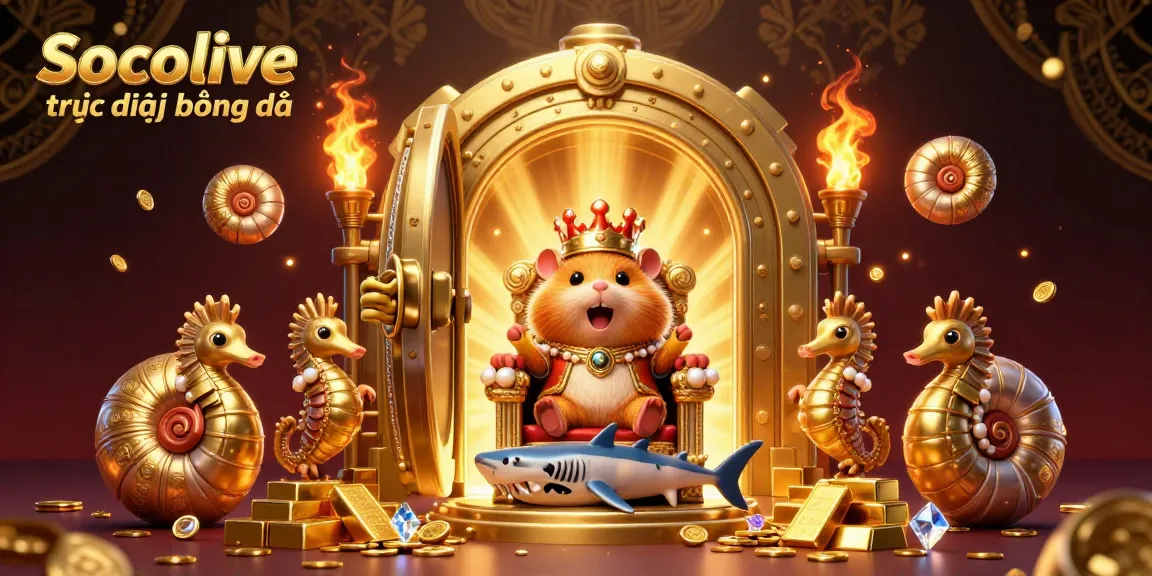 Socolive trực tiếp bóng đá captures a vibrant scene of a golden hamster king atop a megalodon throne in a treasure-filled environment.