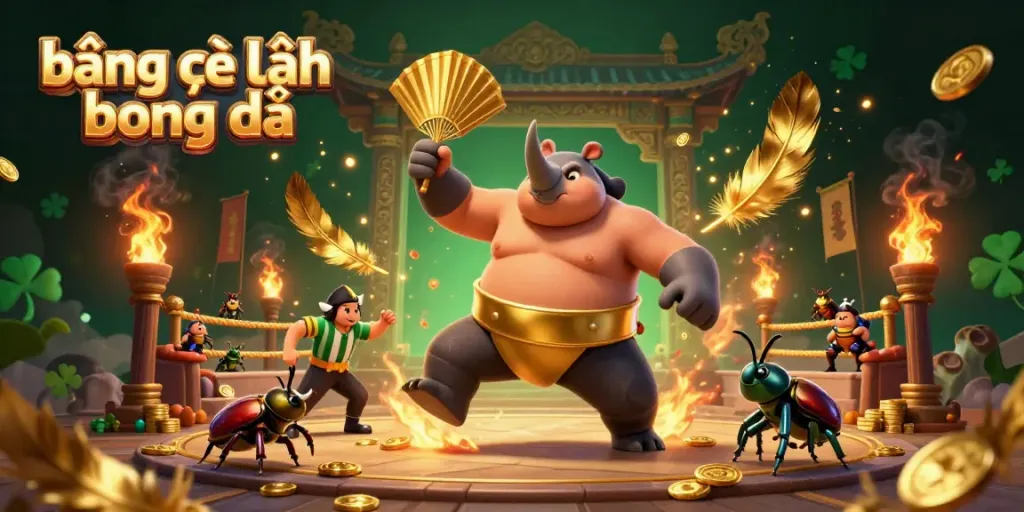 A lively scene showcasing the bảng xếp hạng bóng đá with a rhinoceros beetle sumo champion and cricket referee in a vibrant betting arena.