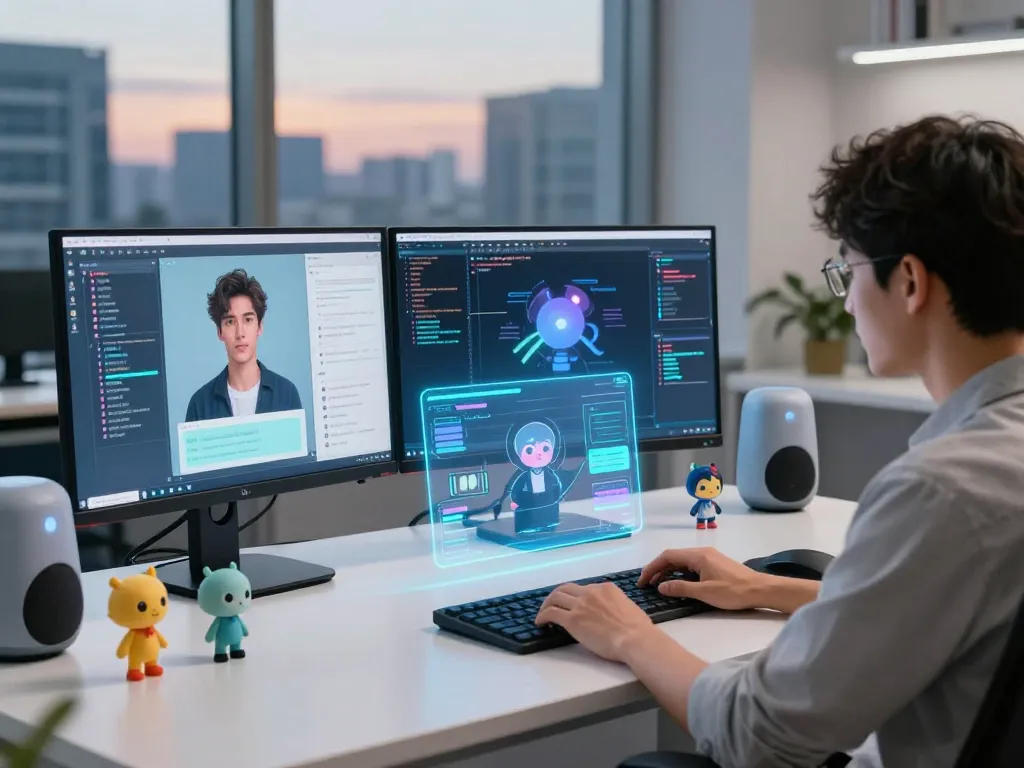 Innovative workspace showcasing crushonai character development with futuristic interfaces and vibrant decor.