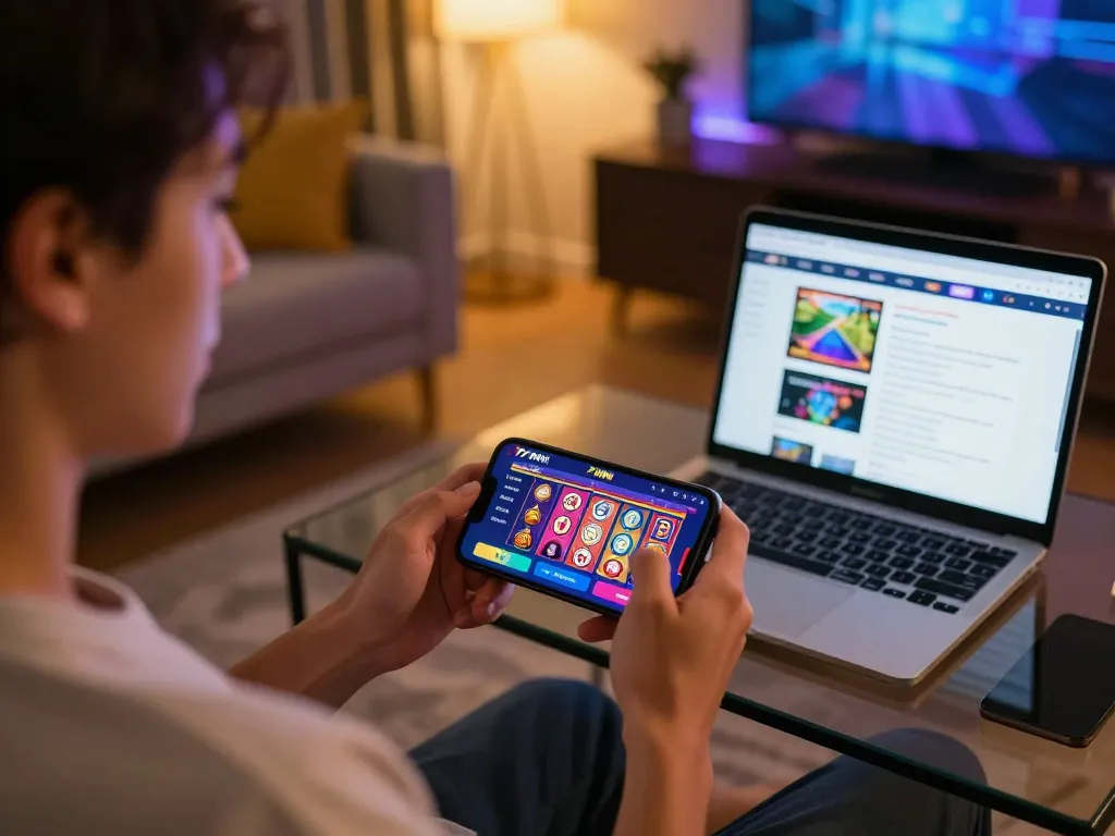Player engaging with the 77WIN mobile app, highlighting an interactive online gambling experience