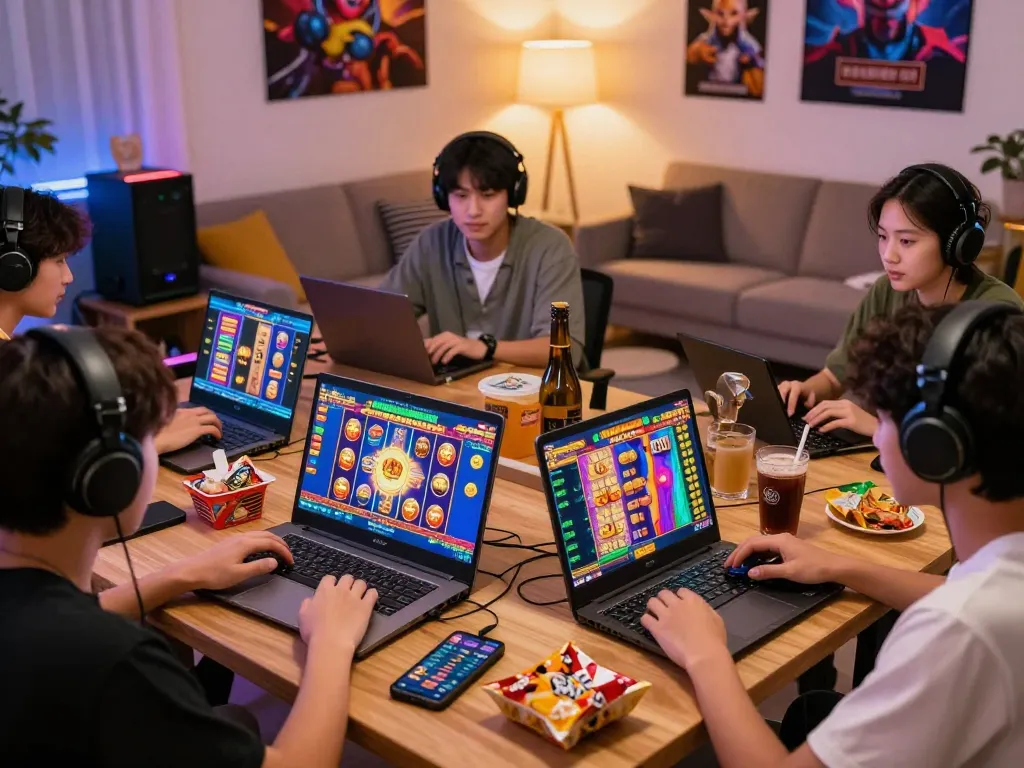 Nổ Hũ Online gaming scene with players excitedly engaging in colorful slot games, cozy living room ambiance.