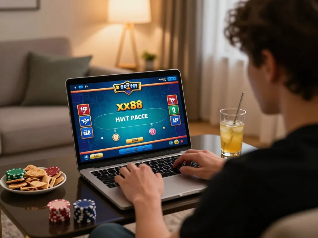 Player enjoying an intense poker game on xx88 in a cozy home setting with snacks and drinks