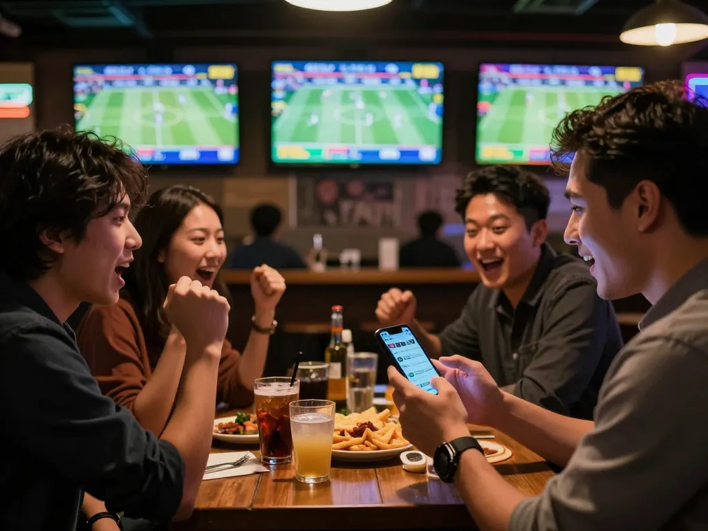 Engaged bettor placing bets on open88c during an exciting sports event in a vibrant social setting.