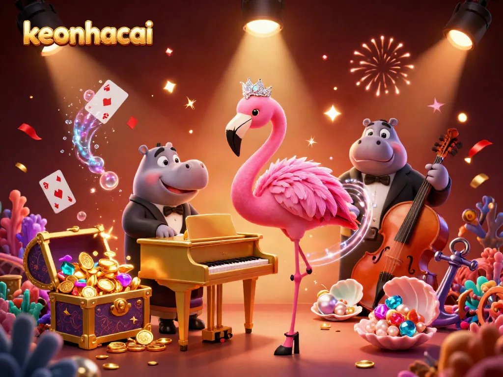 Experience the exciting atmosphere of keonhacai with dynamic casino characters celebrating amidst glowing treasures.
