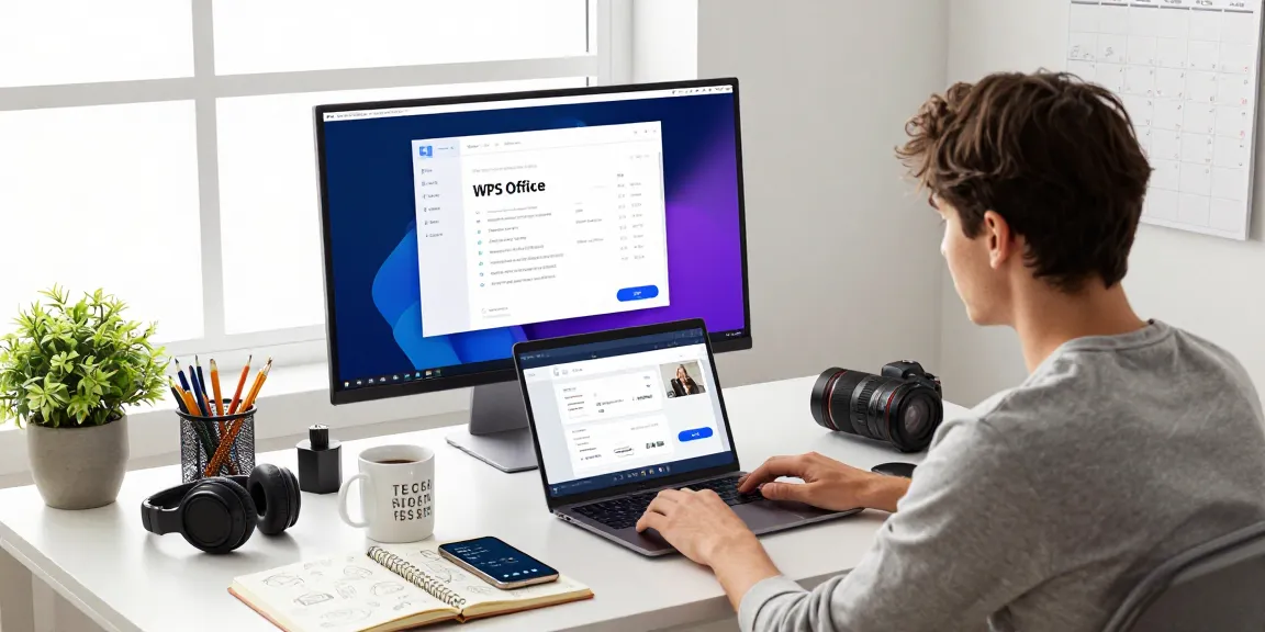 Focused user engaged in WPS Download at stylish home office with laptop.