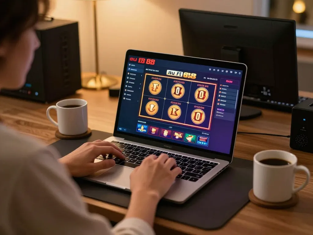 Engaging gameplay at au 88 online casino using a laptop in a cozy, stylish home environment
