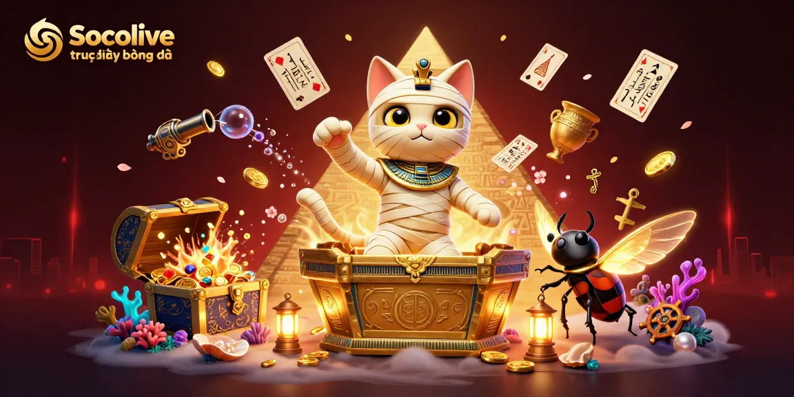 Socolive trực tiếp bóng đá showcases a vibrant scene with an Egyptian mummy cat in a pyramid casino, featuring floating playing cards and exploding treasures.