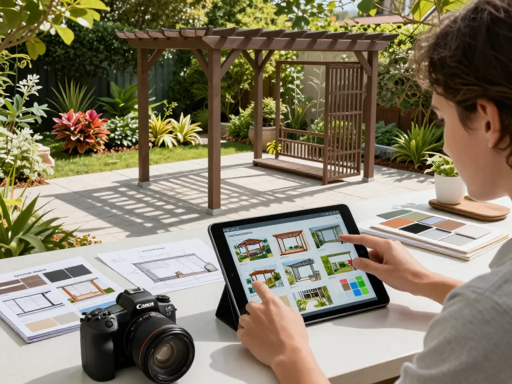 Interactive configuratore 3D per pergole in a sunny garden setting, showcasing customizable designs and vibrant materials.