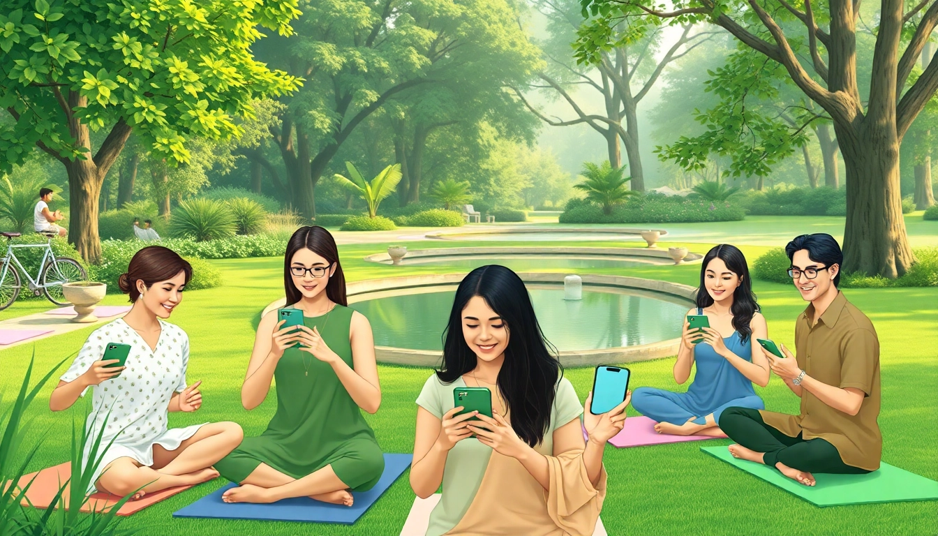 Engage with Ayurveda Mobile App users in a serene outdoor setting highlighting wellness.