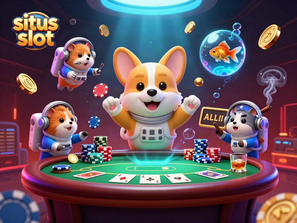 Engage with situs slot gaming as a 3D cartoon corgi astronaut explores a vibrant casino.