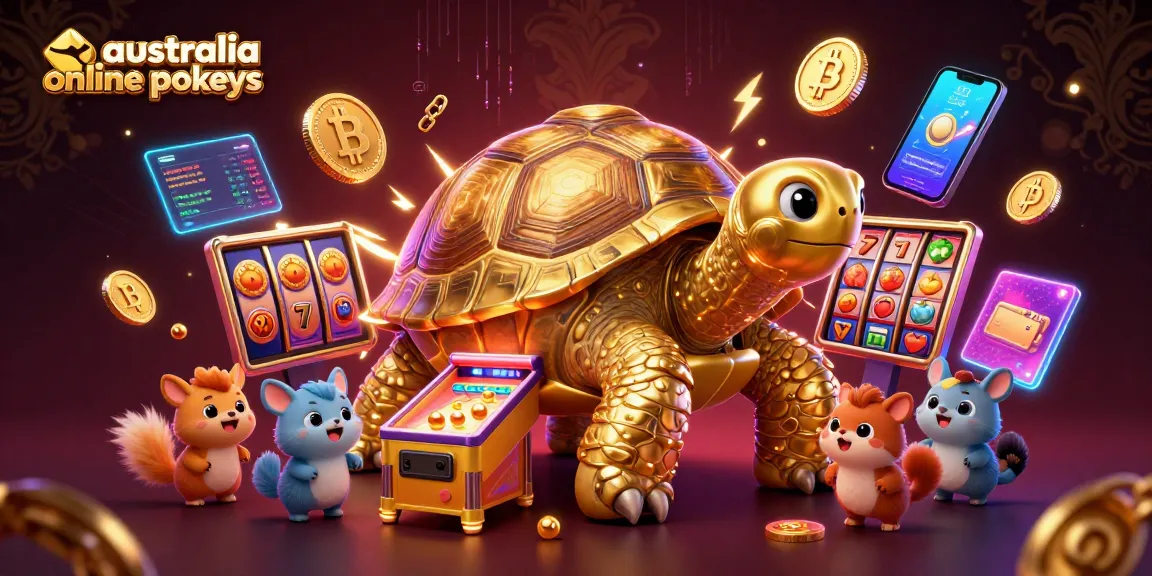 Engage in australia online pokies excitement with a dynamic 3D scene featuring a golden tortoise and animated characters.