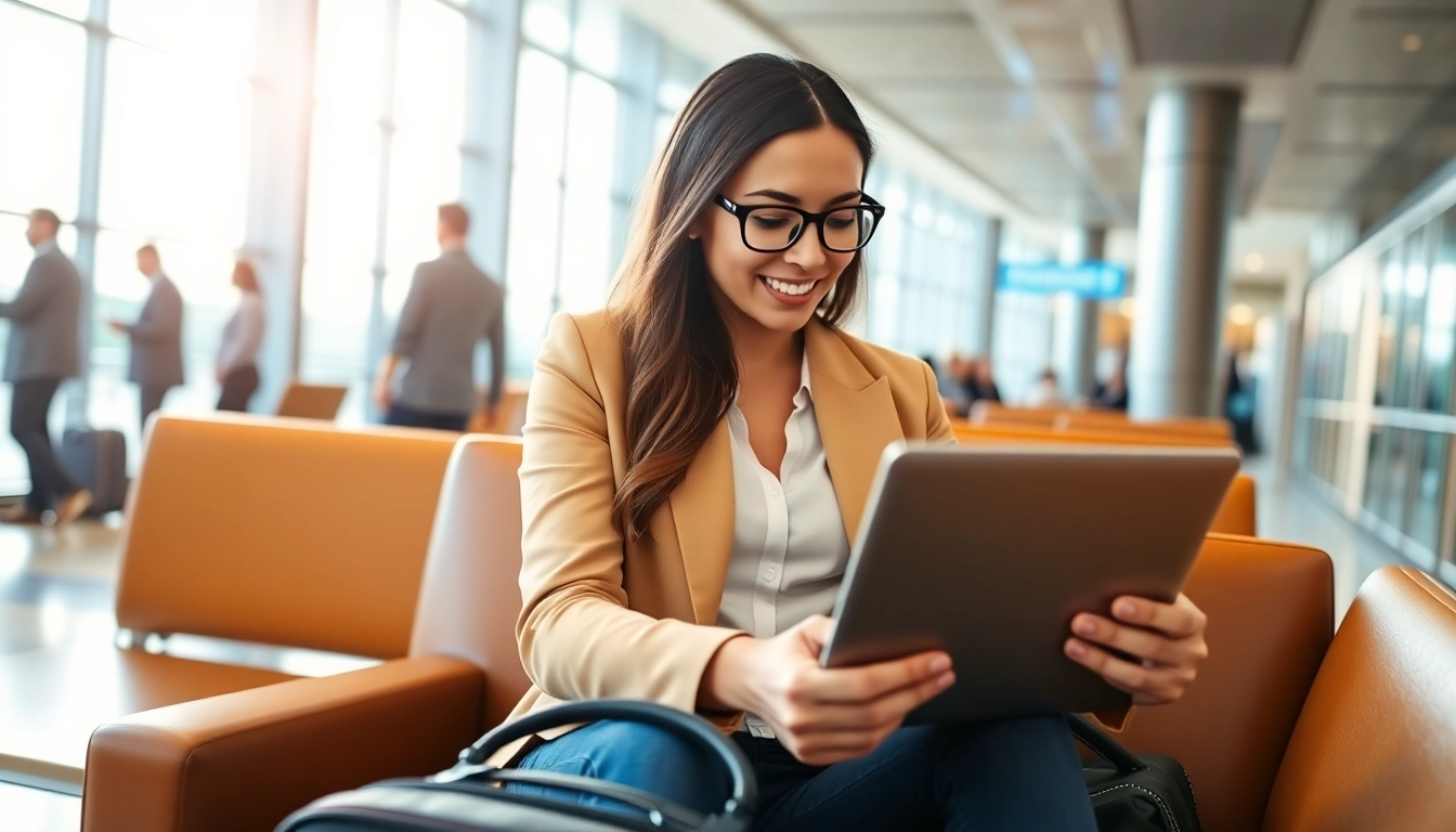 Traveler reviewing their eta application uk in a modern airport lounge with travel essentials.