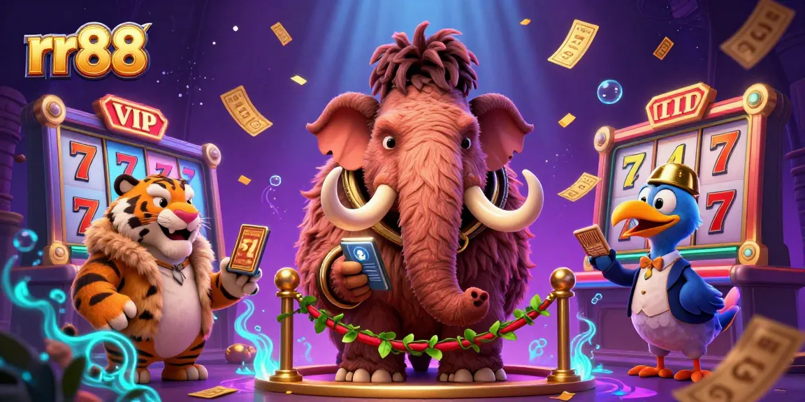 Experience thrilling gameplay at rr88 as vibrant slot elements surround a woolly mammoth casino bouncer.