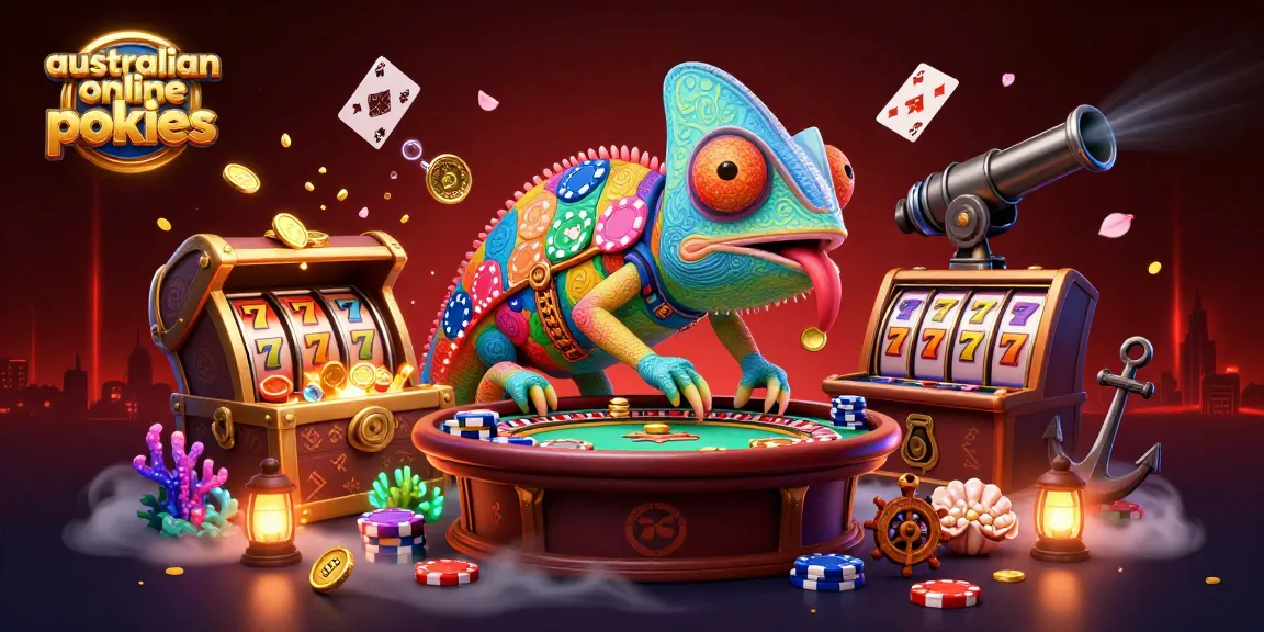 Engage in Australian online pokies with a chameleon casino owner amid vibrant gambling elements.